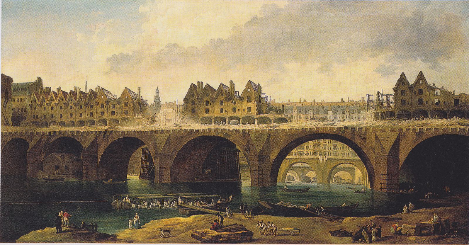 Hubert Robert, La démolition des maisons du pont Notre-Dame. Huile sur toile, vers 1786, collection Staatliche Kunsthalle Karlsruhe